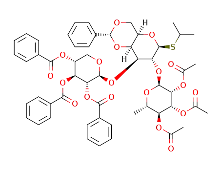 Molecular Structure of 1269649-21-9 (isopropyl 2,3,4-tri-O-benzoyl-β-D-xylopyranosyl-(1->3)-[2,3,4-tri-O-acetyl-α-L-rhamnopyranosyl-(1->2)]-4,6-di-O-benzylidene-1-thio-β-D-galactopyranoside)