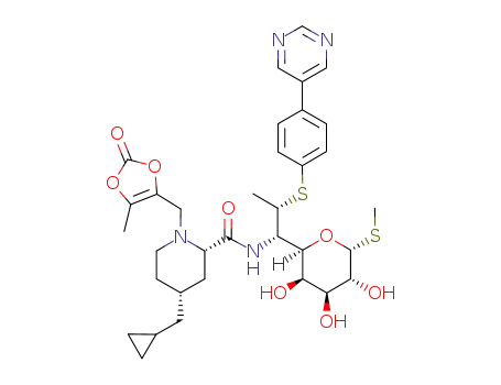 Molecular Structure of 1088410-47-2 (methyl 6-N-((2S,4R)-4-cyclopropylmethyl-1-((5-methyl-2-oxo-1,3-dioxol-4-yl)methyl)pipecoloyl)-7-deoxy-7-epi-7-(4-(pyrimidin-5-yl)phenylthio)-1-thio-α-lincosamide)