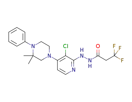 Molecular Structure of 1254981-57-1 (N'-[3-chloro-4-(3,3-dimethyl-4-phenyl-piperazin-1-yl)pyridin-2-yl]-3,3,3-trifluoropropanohydrazide)