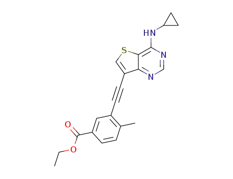 Molecular Structure of 1318126-81-6 (ethyl-3-((4-(cyclopropylamino)thieno[3,2-d]pyrimidine-7-yl)ethynyl)-4-methylbenzoate)