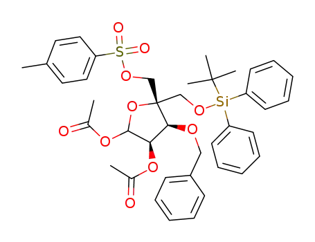 Molecular Structure of 212970-74-6 (Acetic acid (3R,4S,5S)-2-acetoxy-4-benzyloxy-5-(tert-butyl-diphenyl-silanyloxymethyl)-5-(toluene-4-sulfonyloxymethyl)-tetrahydro-furan-3-yl ester)