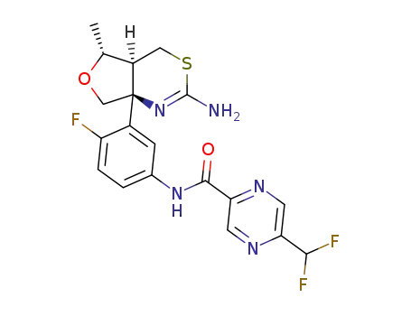 Molecular Structure of 1388651-30-6 (N-(3-((4aS,5R,7aS)-2-amino-5-methyl-4a,5,7,7a-tetrahydro-4H-furo[3,4-d][1,3]thiazin-7a-yl)-4-fluorophenyl)-5-(difluoromethyl)pyrazine-2-carboxamide)