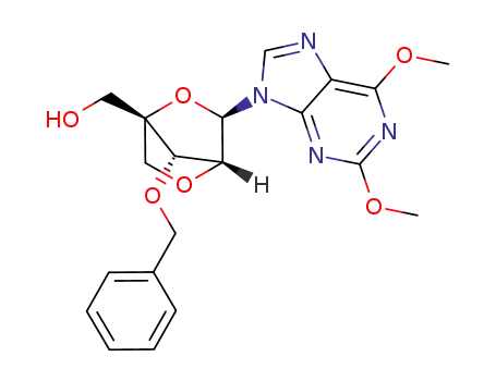 Molecular Structure of 1341074-40-5 (((1S,3R,4R,7S)-7-(benzyloxy)-3-(2,6-dimethoxy-9H-purin-9-yl)-2,5-dioxabicyclo[2.2.1]heptan-1-yl)methanol)