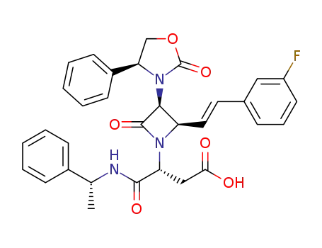 Molecular Structure of 1361214-48-3 ((R)-3-((2R,3S)-2-((E)-3-fluorostyryl)-4-oxo-3-((S)-2-oxo-4-phenyloxazolidin-3-yl)azetidin-1-yl)-4-oxo-4-(((R)-1-phenylethyl)amino)butanoic acid)