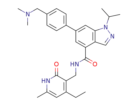 Molecular Structure of 1346702-68-8 (6-(4-((dimethylamino)methyl)phenyl)-N-((4-ethyl-6-methyl-2-oxo-1,2-dihydropyridin-3-yl)methyl)-1-isopropyl-1H-indazole-4-carboxamide)