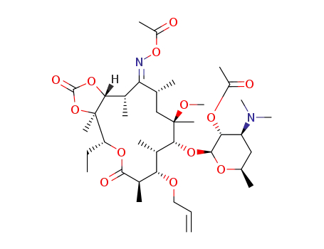 Molecular Structure of 1360059-83-1 (2'-O-acetyl-3-O-descladinosyl-3-O-allyl-6-O-methylerythromycin A 9-(E)-O-acetyloxime 11,12-cyclic carbonate)