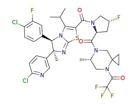 Molecular Structure of 1235576-27-8 ((6S)-7-[(4R)-1-{[(5R,6S)-5-(4-chloro-3-fluorophenyl)-6-(6-chloropyridin-3-yl)-3-isopropyl-6-methyl-5,6-dihydroimidazo[2,1-b][1,3]thiazol-2-yl]carbonyl}-4-fluoro-L-prolyl]-6-methyl-4-(trifluoroacetyl)-4,7-diazaspiro[2.5]octane)