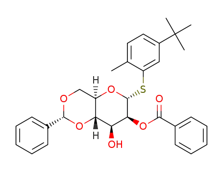 Molecular Structure of 1361016-60-5 ((2-methyl-5-tert-butylphenyl) 2-O-benzoyl-4,6-O-benzylidene-1-thio-α-D-mannopyranoside)
