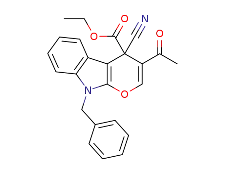 Molecular Structure of 1361403-92-0 (ethyl 3-acetyl-9-benzyl-4-cyano-4,9-dihydropyrano[2,3-b]indole-4-carboxylate)