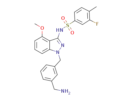 Molecular Structure of 1361330-35-9 (N-[1-{[3-(aminomethyl)phenyl]methyl}-4-(methyloxy)-1H-indazol-3-yl]-3-fluoro-4-methylbenzenesulfonamide)
