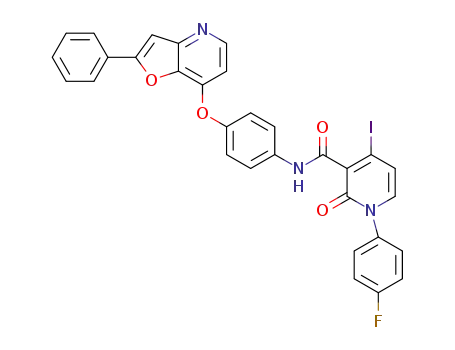 Molecular Structure of 1360906-01-9 (1-(4-fluoro-phenyl)-4-iodo-2-oxo-1,2-dihydro-pyridine-3-carboxylic acid[4-(2-phenyl-furo[3,2-b]pyridin-7-yloxy)-phenyl]-amide)