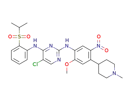 Molecular Structure of 1346448-19-8 (5-chloro-N<sub>4</sub>-(2-(isopropylsulfonyl)phenyl)-N<sub>2</sub>-(2-methoxy-4-(1-methylpiperidin-4-yl)-5-nitrophenyl)pyrimidine-2,4-diamine)