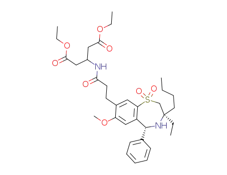 Molecular Structure of 1345983-96-1 (diethyl 3-({3-[(3R,5R)-3-butyl-3-ethyl-7-(methyloxy)-1,1-dioxido-5-phenyl-2,3,4,5-tetrahydro-1,4-benzothiazepin-8-yl]propanoyl}amino)pentanedioate)
