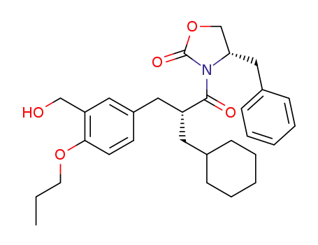 Molecular Structure of 1418203-73-2 (5-((R)-3-((S)-4-benzyl-2-oxo-oxazolidin-3-yl)-2-(cyclohexylmethyl)-3-oxopropyl)-2-propoxybenzaldehyde)