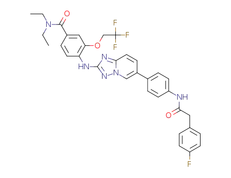 Molecular Structure of 1403330-54-0 (N,N-diethyl-4-{[6-(4-{[(4-fluorophenyl)acetyl]amino}phenyl)[1,2,4]triazolo[1,5-a]pyridin-2-yl]amino}-3-(2,2,2-trifluoroethoxy)benzamide)