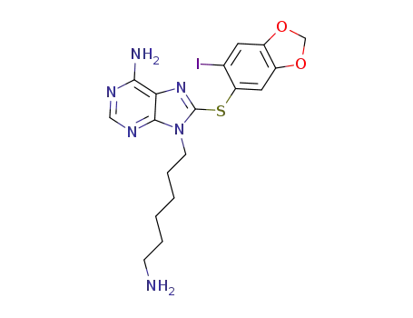 Molecular Structure of 1418215-06-1 (9-(6-aminohexyl)-8-((6-iodobenzo[d][1,3]dioxol-5-yl)thio)-9H-purin-6-amine)
