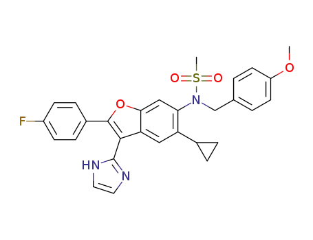 Molecular Structure of 1383851-22-6 (N-[5-cyclopropyl-2-(4-fluorophenyl)-3-(1H-imidazol-2-yl)-1-benzofuran-6-yl]-N-(4-methoxybenzyl)methanesulfonamide)