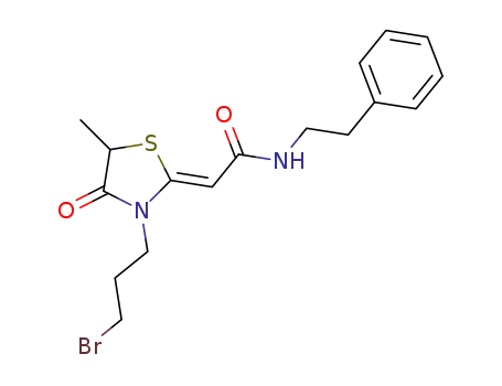 Molecular Structure of 1410910-16-5 ((Z)-2-(3-(3-bromopropyl)-5-methyl-4-oxothiazolidin-2-ylidene)-N-phenethylacetamide)