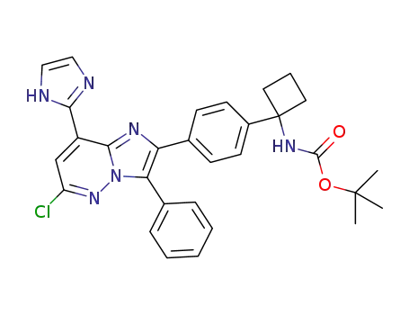 Molecular Structure of 1402609-25-9 (tert-butyl (1-{4-[6-chloro-8-(1H-imidazol-2-yl)-3-phenylimidazo[1,2-b]-pyridazin-2-yl]phenyl}cyclobutyl)carbamate)
