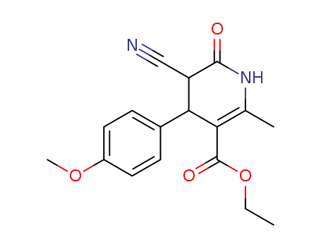 Molecular Structure of 94640-18-3 (3-Pyridinecarboxylic acid,
5-cyano-1,4,5,6-tetrahydro-4-(4-methoxyphenyl)-2-methyl-6-oxo-, ethyl
ester)
