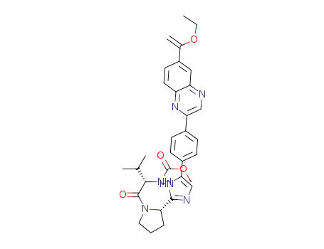 Molecular Structure of 1399845-38-5 (methyl (S)-1-((S)-2-(5-(4-(6-(1-ethoxyvinyl)quinoxalin-2-yl)phenyl)-1H-imidazol-2-yl)pyrrolidin-1-yl)-3-methyl-1-oxobutan-2-ylcarbamate)