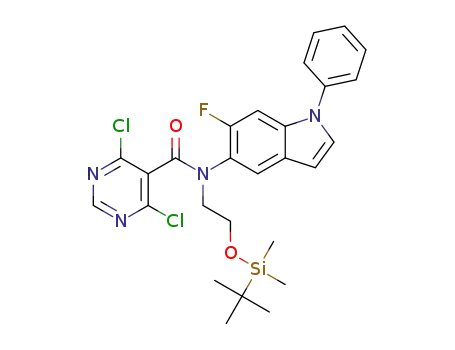 Molecular Structure of 1415346-04-1 (N-(2-(tert-butyldimethylsilyloxy)ethyl)-4,6-dichloro-N-(6-fluoro-1-phenyl-1H-indol-5-yl)pyrimidine-5-carboxamide)