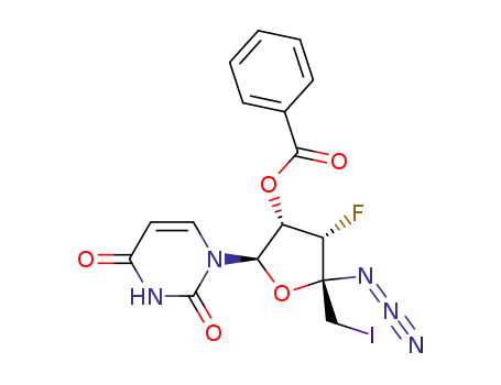 Molecular Structure of 1444430-74-3 (benzoic acid (2R,3S,4S,5S)-5-azido-2-(2,4-dioxo-3,4-dihydro-2H-pyriMidin-1-yl)-4-fluoro-5-iodoMethyl-tetrahydro-furan-3-yl esterine-2,4-dione)