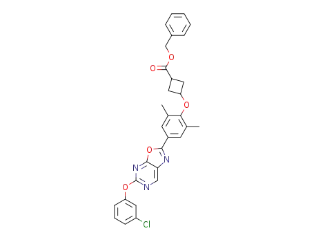 Molecular Structure of 1417617-97-0 (benzyl 3-{4-[5-(3-chlorophenoxy)oxazolo[5,4-d]pyrimidin-2-yl]-2,6-dimethylphenoxy}cyclobutanecarboxylate)
