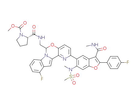 Molecular Structure of 1427033-56-4 ((2S)-methyl 2-(((11-fluoro-2-(2-(4-fluorophenyl)-3-(methylcarbamoyl)-6-(N-methylmethylsulfonamido)benzofuran-5-yl)-6H-pyrido[2',3':5,6][1,3]oxazino[3,4-a]indol-6-yl)methyl)carbamoyl)pyrrolidine-1-carboxylate)