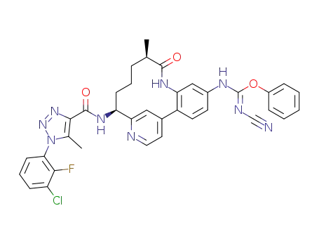 Molecular Structure of 1422448-80-3 (1-(3-chloro-2-fluorophenyl)-N-[(10R,14S)-5-{[(1Z)-(cyanoimino)(phenoxy)methyl]amino}-10-methyl-9-oxo-8,16-diazatricyclo[13.3.1.0<sup>2,7</sup>]nonadeca-1<sup>(19)</sup>,2<sup>(7)</sup>,3,5,15,17-hexaen-14-yl]-5-methyl-1H-1,2,3-triazole-4-carboxamide)