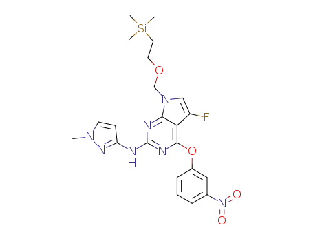 Molecular Structure of 1428775-56-7 (5-fluoro-N-(1-methyl-1H-pyrazol-3-yl)-4-(3-nitrophenoxy)-7-((2-(trimethylsilyl)ethoxy)methyl)-7H-pyrrolo[2,3-d]pyrimidin-2-amine)