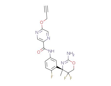 Molecular Structure of 1415914-11-2 ((R)-N-(3-(2-amino-5,5-difluoro-4-methyl-5,6-dihydro-4H-1,3-oxazin-4-yl)-4-fluorophenyl)-5-(prop-2-ynyloxy)pyrazine-2-carboxamide)