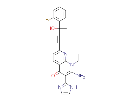 Molecular Structure of 1412453-78-1 (2-Amino-1-ethyl-7-[3-(2-fluorophenyl)-3-hydroxybut-1-yn-1-yl]-3-(1H-imidazol-2-yl)-1,8-naphthyridin-4(1H)-one)