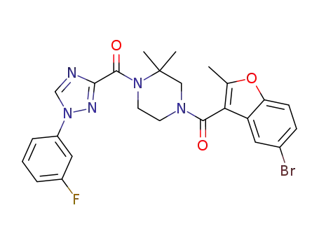 Molecular Structure of 1443755-80-3 ([4-(5-bromo-2-methyl-benzofuran-3-carbonyl)-2,2-dimethyl-piperazin-1-yl]-[1-(3-fluoro-phenyl)-1H-[1,2,4]triazol-3-yl]-methanone)