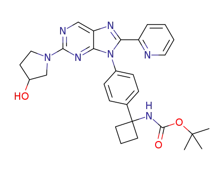 Molecular Structure of 1439393-44-8 ((1-{4-[2-(3-hydroxy-pyrrolidin-1-yl)-8-pyridin-2-yl-purin-9-yl]-phenyl}-cyclobutyl)-carbamic acid tert-butyl ester)