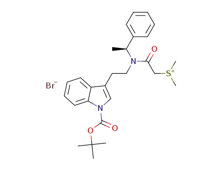 Molecular Structure of 1431767-75-7 ((S)-(2-((2-(1-(tert-butoxycarbonyl)-1H-indol-3-yl)ethyl)(1-phenylethyl)amino)-2-oxoethyl)dimethylsulfonium bromide)