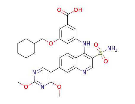 3-((3-carbamoyl-7-(2,4-dimethoxypyrimidin-5-yl)-3-sulfamoylquinolin-4-yl)amino)-5-(cyclohexylmethoxy)benzoic acid