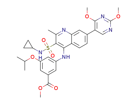 Molecular Structure of 1445880-75-0 (methyl 3-(3-(N-cyclopropylsulfamoyl)-7-(2,4-dimethoxypyrimidin-5-yl)-2-methylquinolin-4-ylamino)-5-isopropoxybenzoate)