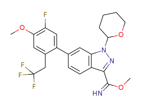 Molecular Structure of 1421503-69-6 (6-[5-fluoro-4-methoxy-2-(2,2,2-trifluoro-ethyl)-phenyl]-1-(tetrahydro-pyran-2-yl)-1H-indazole-3-carboximidic acid methyl ester)