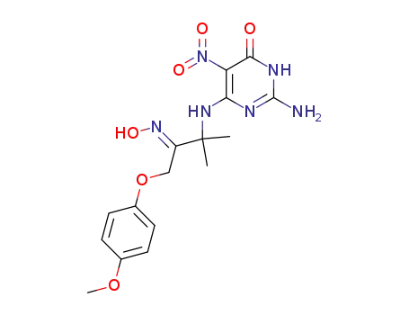Molecular Structure of 58876-95-2 (4(1H)-Pyrimidinone,
2-amino-6-[[2-(hydroxyimino)-3-(4-methoxyphenoxy)-1,1-dimethylpropyl]
amino]-5-nitro-)