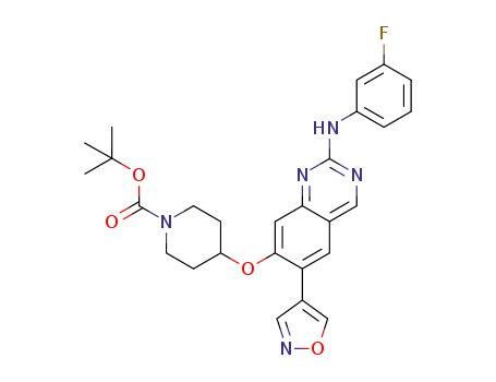Molecular Structure of 1036756-92-9 (tert-butyl 4-(2-(3-fluorophenylamino)-6-(isoxazol-4-yl)quinazolin-7-yloxy) piperidin-1-carboxylate)