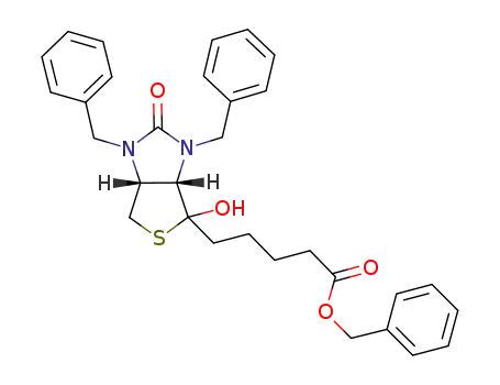 Molecular Structure of 1042432-14-3 (benzyl (3aS,6aR)-5-(1,3-dibenzyl-2,3,3a,4,6,6a-hexahydro-2-oxo-4-hydroxyl-1H-thieno[3,4-d]imidazol-4-yl)pentanoate)