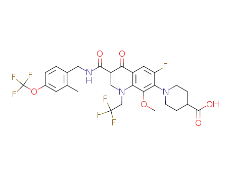 Molecular Structure of 945892-54-6 (1-[6-fluoro-8-methoxy-3-({[2-methyl-4-(trifluoromethoxy)benzyl]amino}carbonyl)-4-oxo-1-(2,2,2-trifluoroethyl)-1,4-dihydroquinolin-7-yl]piperidine-4-carboxylic acid)