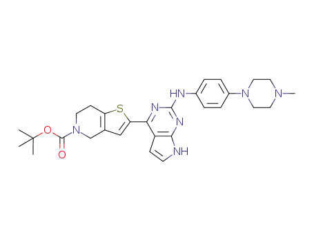 Molecular Structure of 1142947-94-1 (tert-butyl 2-(2-{[4-(4-methylpiperazin-1-yl)phenyl]amino}-7H-pyrrolo[2,3-d]pyrimidin-4-yl)-6,7-dihydrothieno[3,2-c]pyridine-5(4H)-carboxylate)
