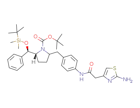 Molecular Structure of 1190393-15-7 (tert-butyl (5R)-2-(4-{[(2-amino-1,3-thiazol-4-yl)acetyl]amion}benzyl)-5-[(R)-{[tert-butyl(dimethyl)silyl]oxy}(phenyl)methyl]pyrrolidine-1-carboxylate)