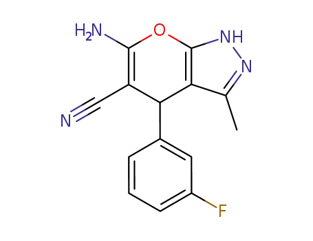 Molecular Structure of 89607-36-3 (6-amino-4-(3-fluorophenyl)-3-methyl-1,4-dihydropyrano[2,3-c]pyrazole-5-carbonitrile)