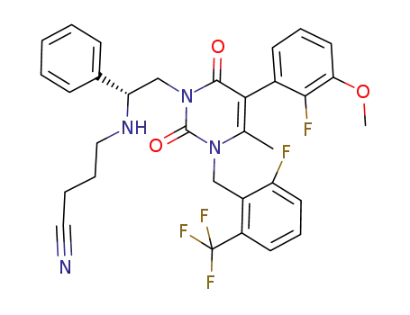Molecular Structure of 832720-85-1 (3-[2(R)-{3-cyanopropylamino}-2-phenylethyl]-5-(2-fluoro-3-methoxyphenyl)-1-[2-fluoro-6-(trifluoromethyl)benzyl]-6-methylpyrimidine-2,4-(1H,3H)-dione)