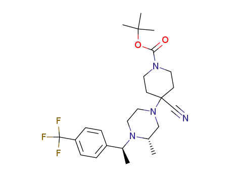 Molecular Structure of 306296-99-1 (4-Cyano-4-{(S)-3-methyl-4-[(S)-1-(4-trifluoromethyl-phenyl)-ethyl]-piperazin-1-yl}-piperidine-1-carboxylic acid tert-butyl ester)