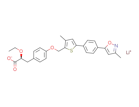 Molecular Structure of 1056455-89-0 (lithium (S)-2-ethoxy-3-(4-((3-methyl-5-(4-(3-methylisoxazol-5-yl)phenyl)thiophen-2-yl)methoxy)phenyl)propanoate)