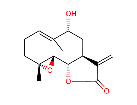 Molecular Structure of 78146-51-7 ((1aR,4E,6R,7aS,10bR)-6-hydroxy-1a,5-dimethyl-8-methylidene-2,3,6,7,7a,8,10a,10b-octahydrooxireno[9,10]cyclodeca[1,2-b]furan-9(1aH)-one)